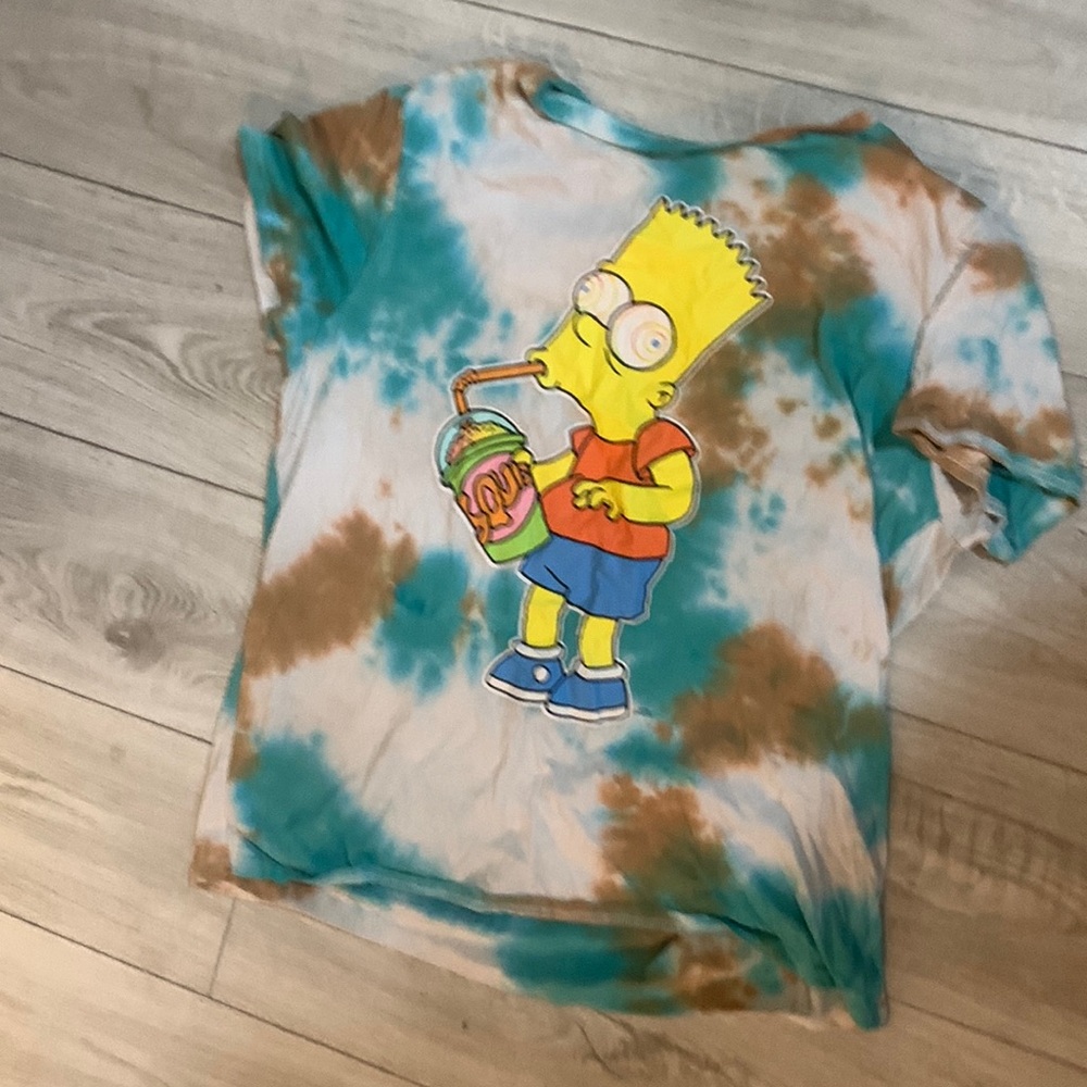 The Simpsons, tie-dye, teal brown and white Slurpee, brain freeze t shirt